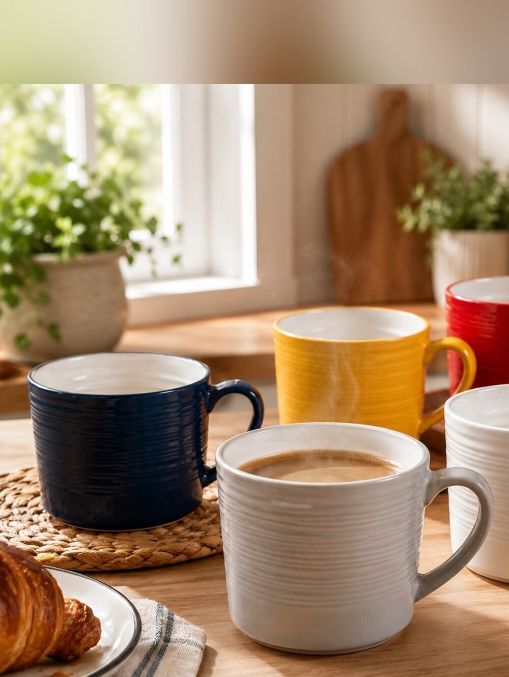 Set of 5 Ribbed Stoneware Coffee Mugs – Multicolor Modern Farmhouse Cups